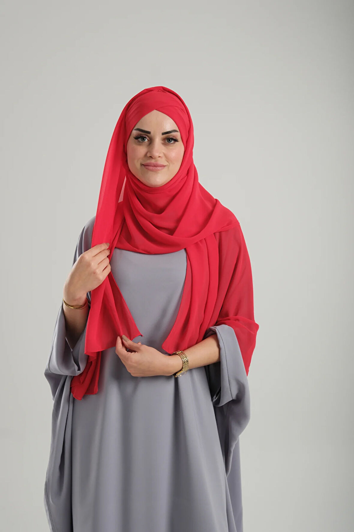 Kırmızı Pratik Hazır Geçmeli Bone Şal Şifon Kendinden Boneli Tek Bantlı 1453_31