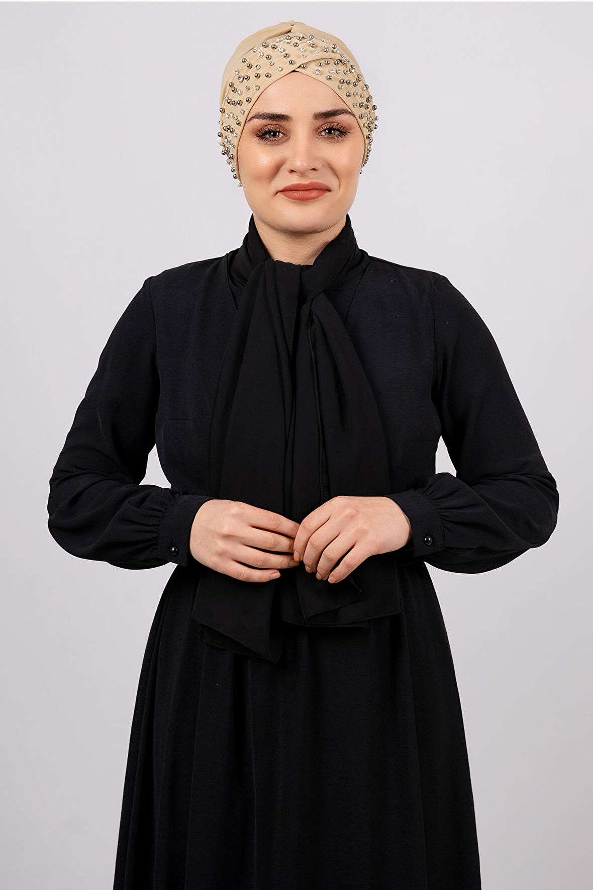 Sütlü Kahve Pratik Hazır Geçmeli Tesettür Bone Sandy Kumaş Taşlı 1456_26