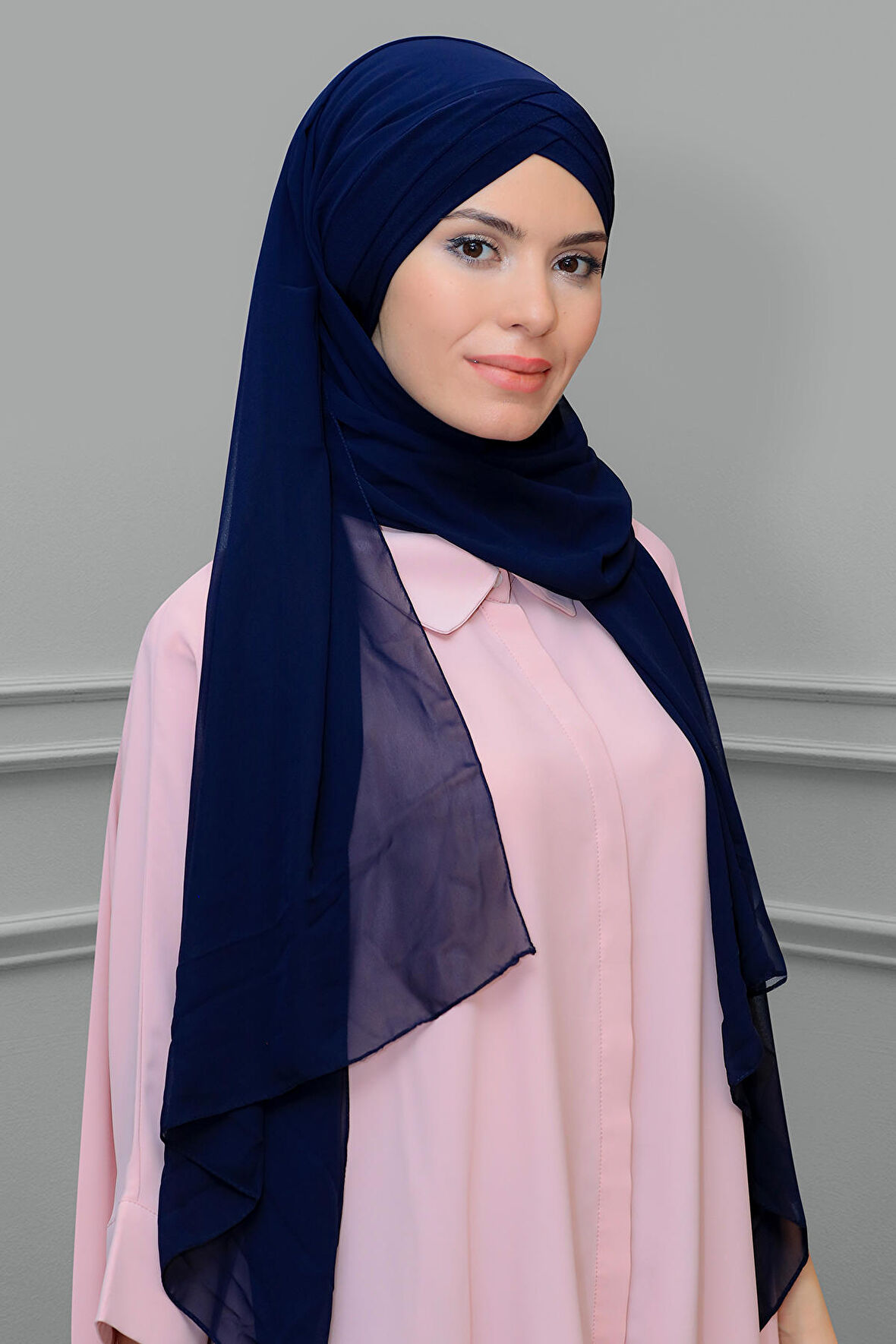 Lacivert Arkadan Bağlamalı Şal Şifon Çapraz Üç Bantlı 1457_02