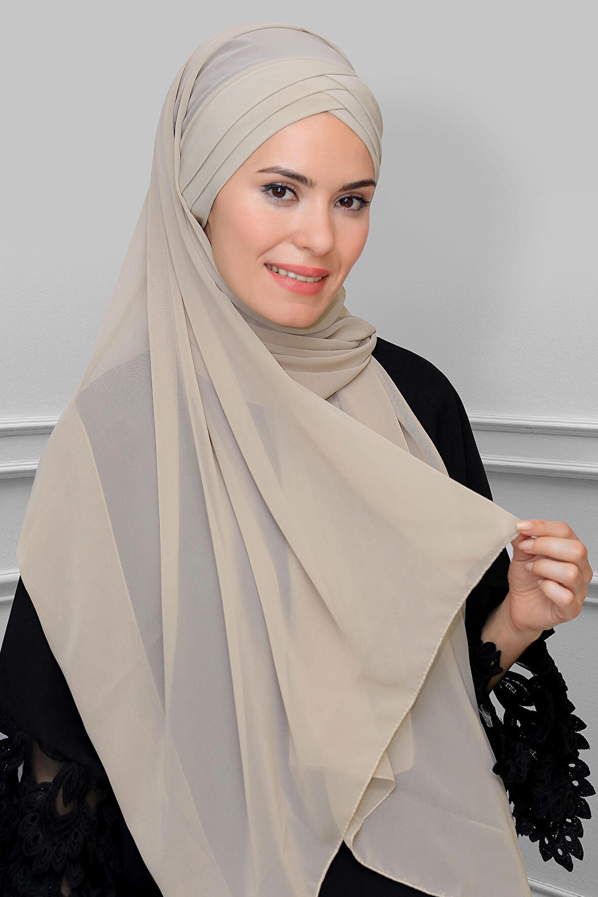 Bej Arkadan Bağlamalı Şal Şifon Çapraz Üç Bantlı 1457_12