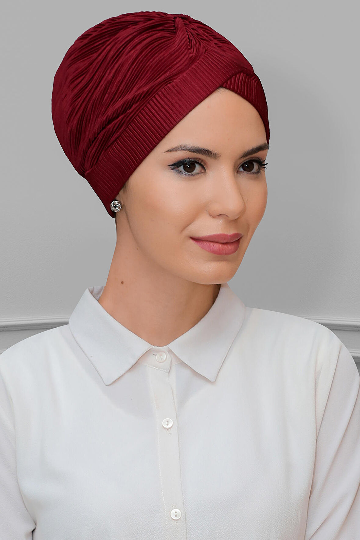Bordo Pratik Hazır Geçmeli Tesettür Bone Fukuro Piliseli Tek Çapraz Büzgülü 1824_16
