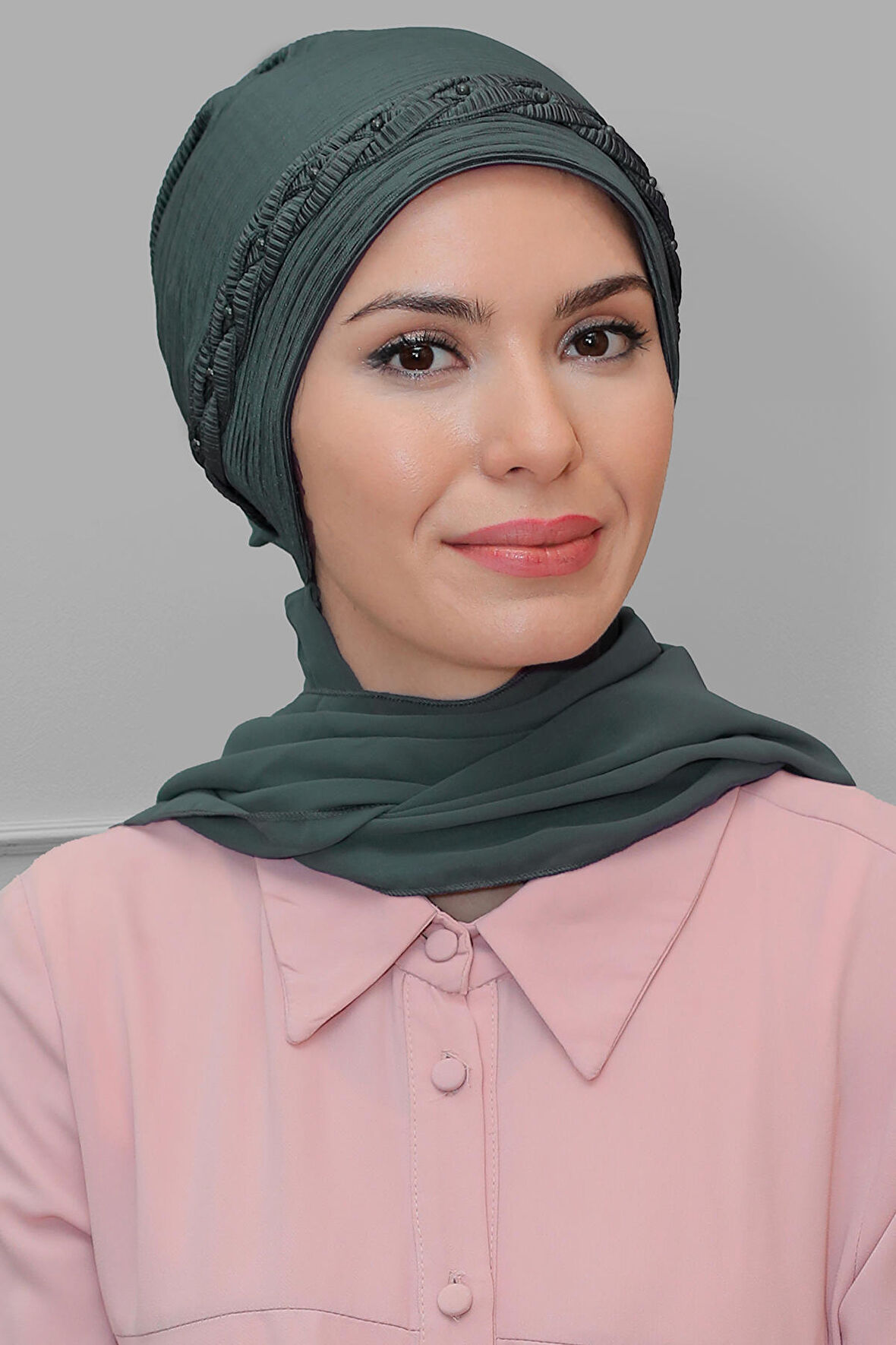 Füme Pratik Hazır Geçmeli Tesettür Bone Fukuro Piliseli Örgülü Şifon Atkılı 1825A_25