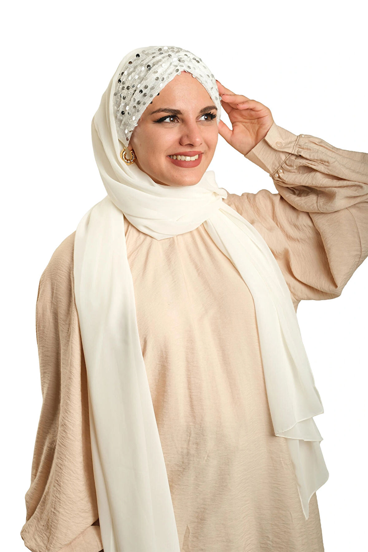 Beyaz Arkadan Bağlamalı Şal Şifon Pullu Pileli 1910_42