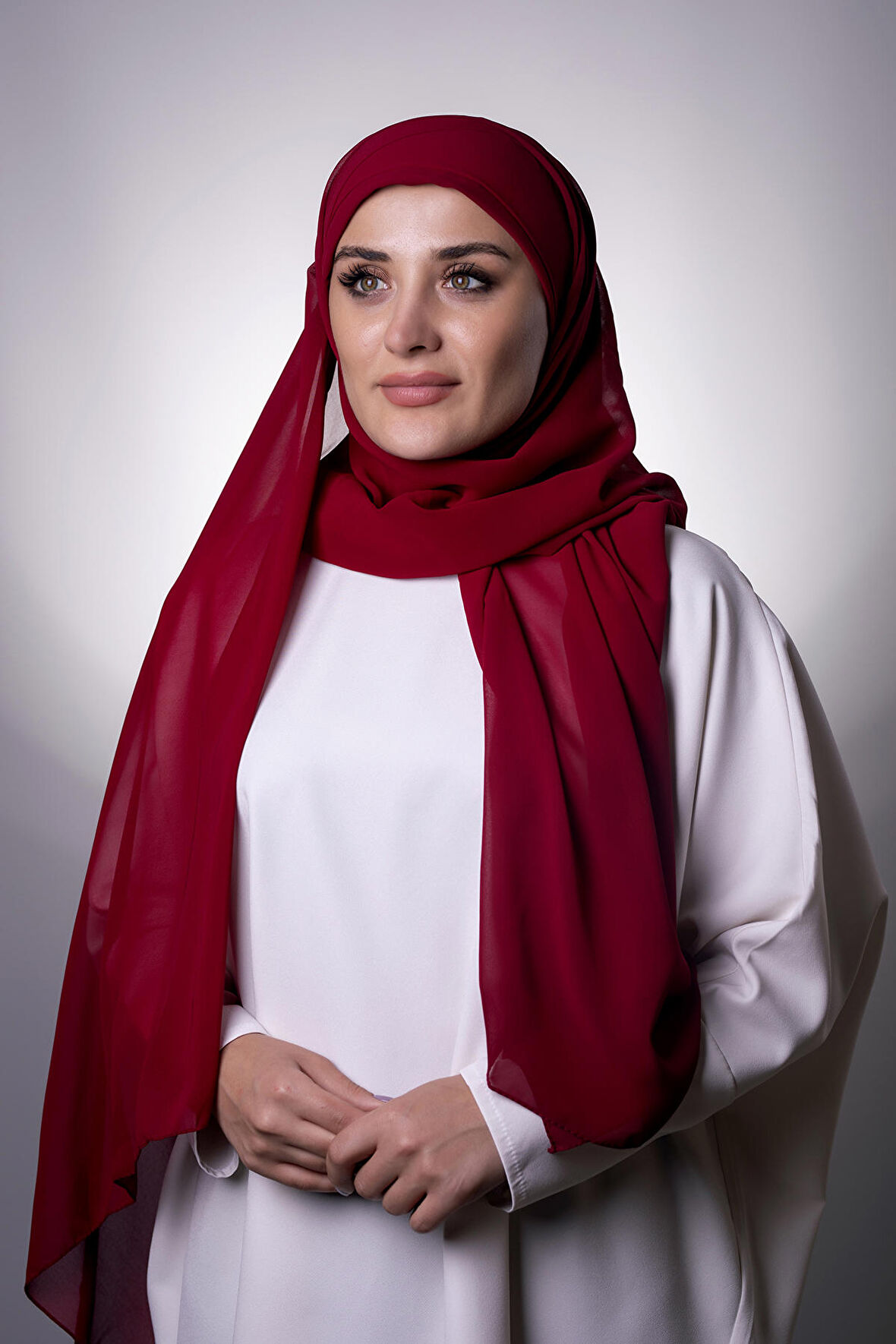 Bordo Pratik Hazır Geçmeli Bone Şal Şifon Çapraz 2001_16