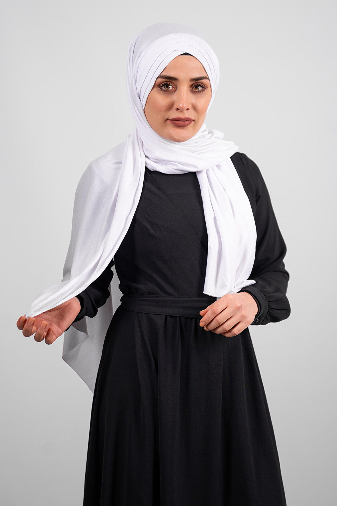 Beyaz Arkadan Bağlamalı Şal Viskon Kumaş Üç Bantlı 2103_42