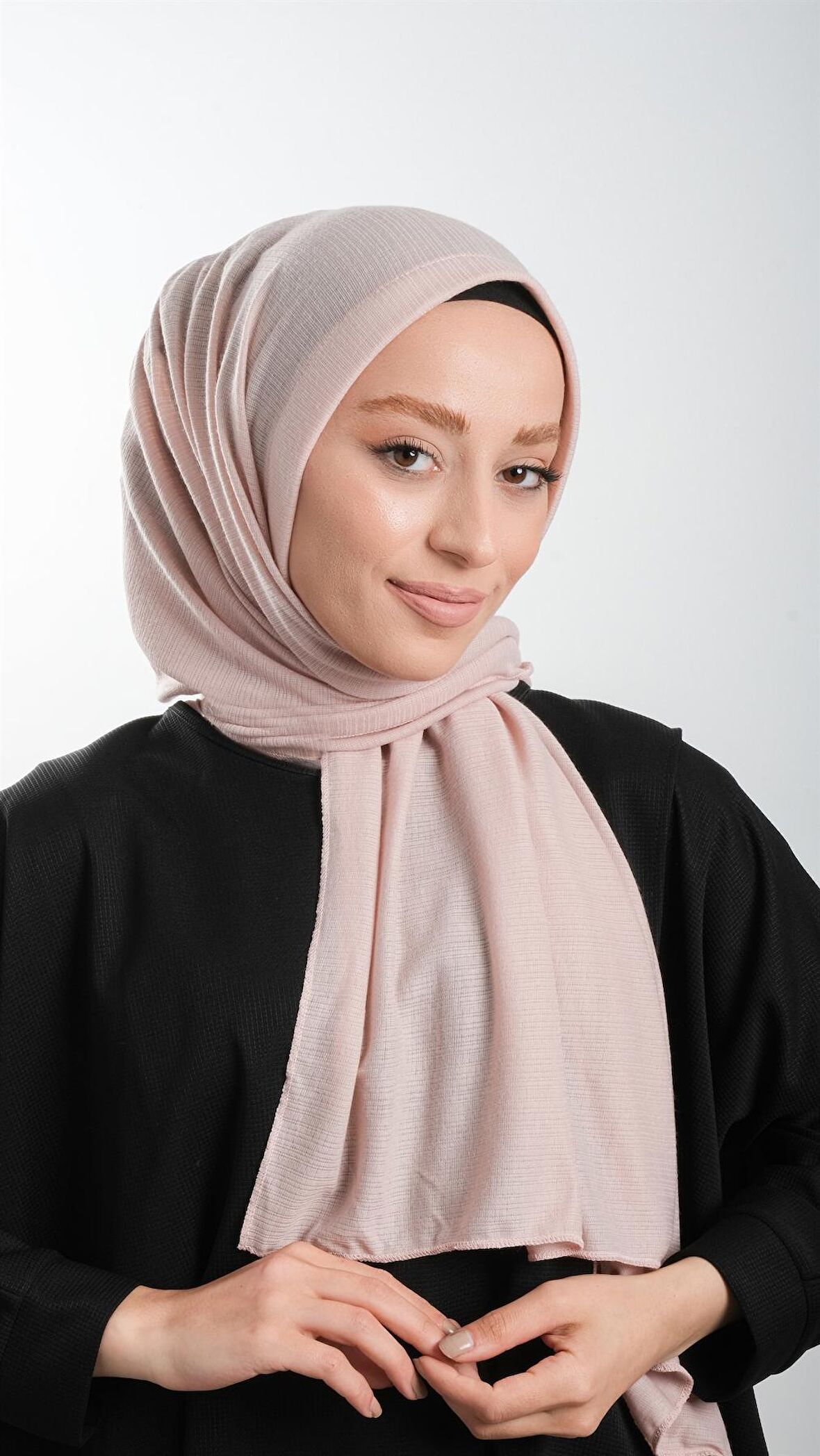 Pudra Pratik Hazır Geçmeli Tesettür Şal Örme Kumaş Sade 2118_06