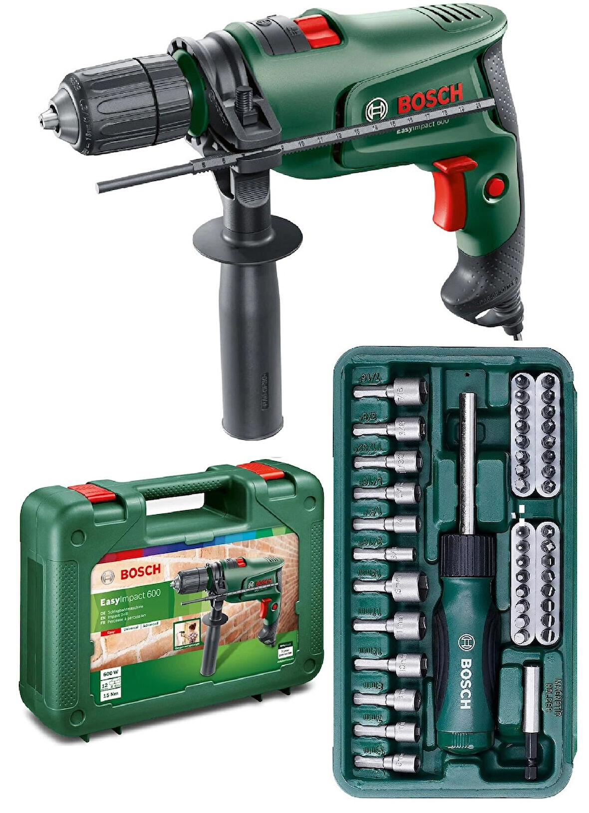 Bosch Darbeli Matkap 600 Watt + 46 Parça Vidalama Ucu ve Tornavida