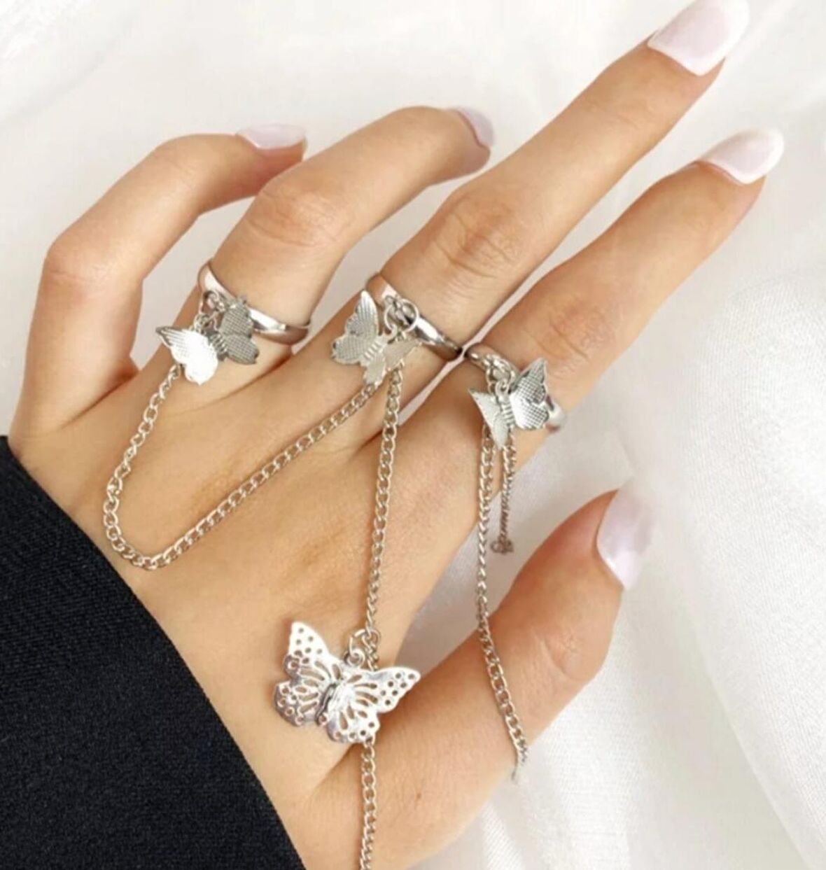 Silver tasarım zincirli ayarlanabilir 3lü yüzük seti