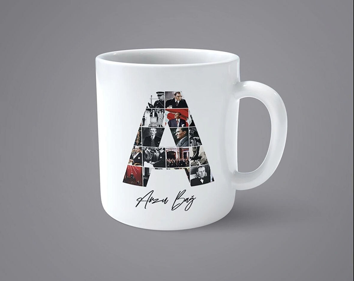 Öğretmenler gününe özel Atatürk resimli A harfli İsimli Baskılı kupa bardak