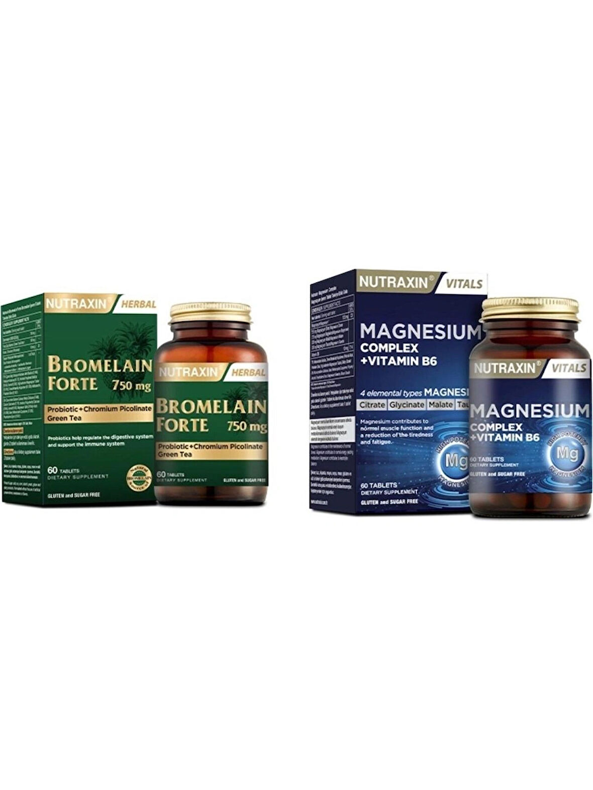 Nutraxin Bromelain Forte 750 mg 60 Tablet + Nutraxin Magnesium Complex Vitamin B6 60 Tablet