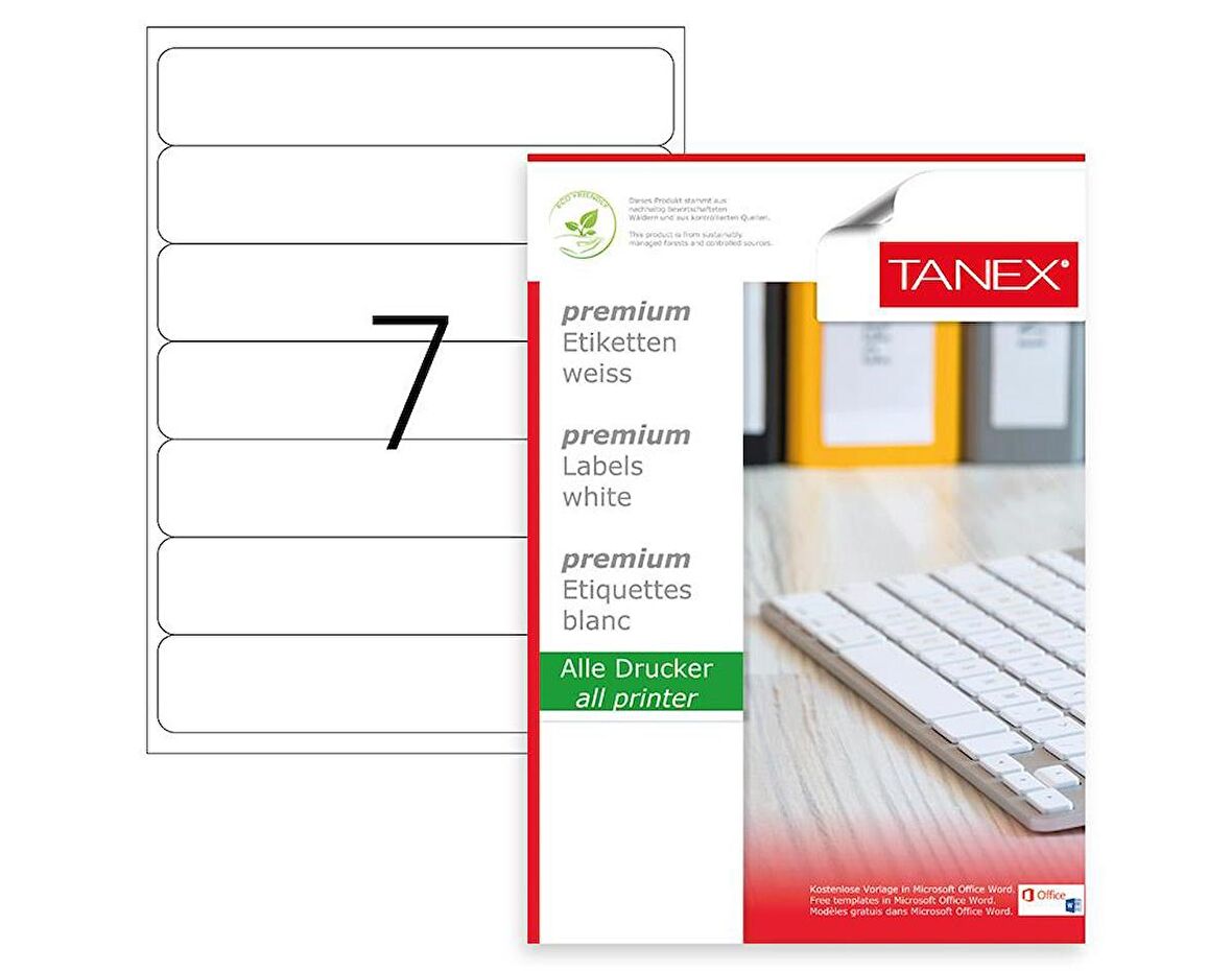 Tanex Lazer Etiket tw-2107 500 A4 Sayfa Laser Etiket 192,5 x 39 mm Boyutunda 1 A4 Sayfada 7 Etiket