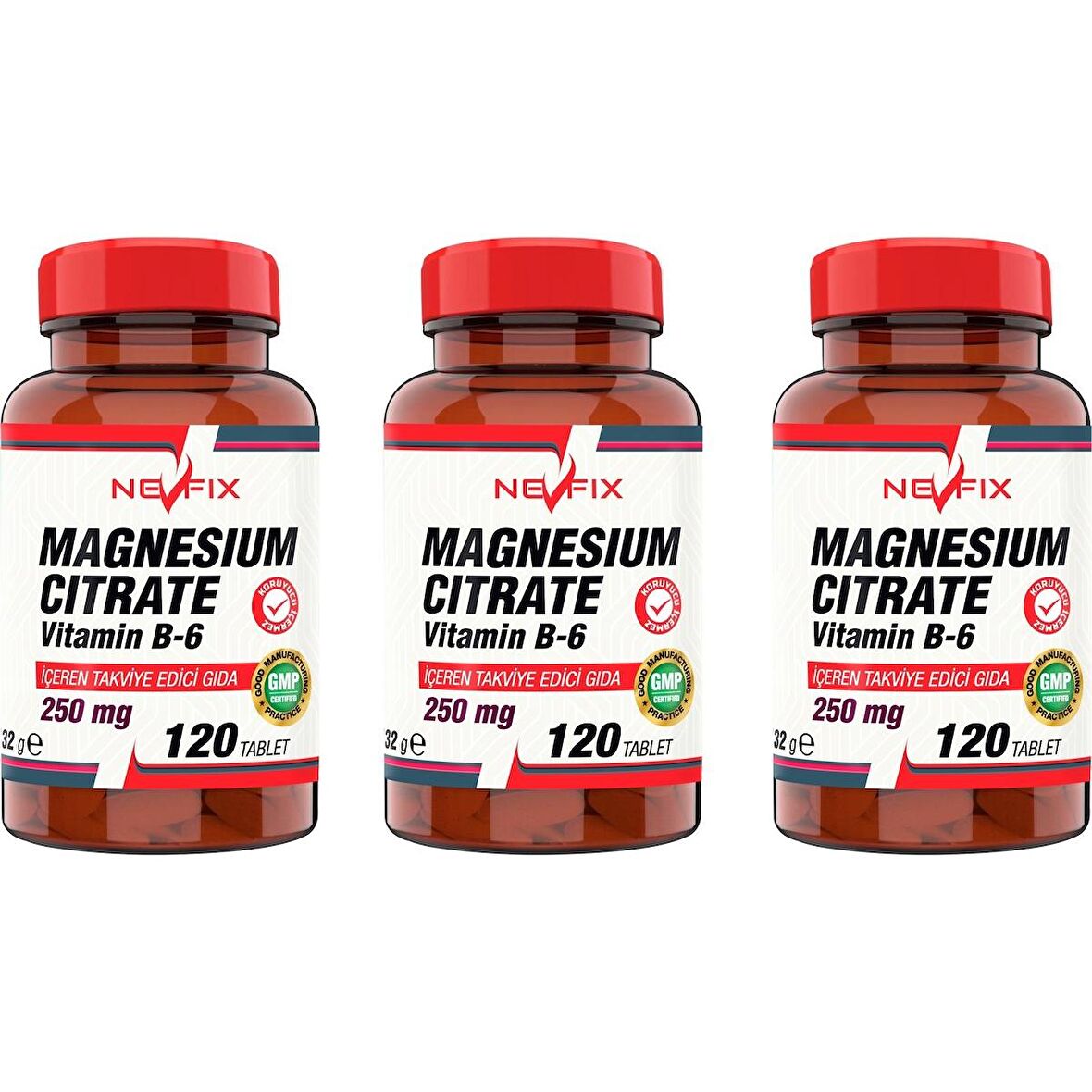 Nevfix Magnesıum Cıtrate Vitamin B-6  (3 Kutu) 120 Tablet