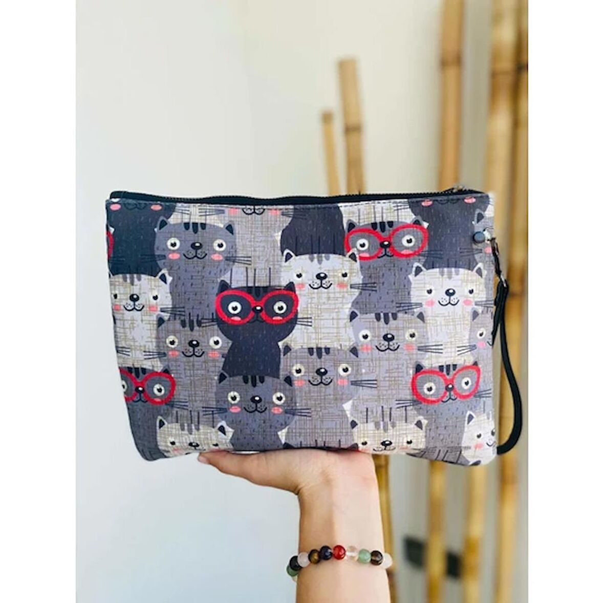 Gri Kediler Baskı Kedili Clutch Çanta