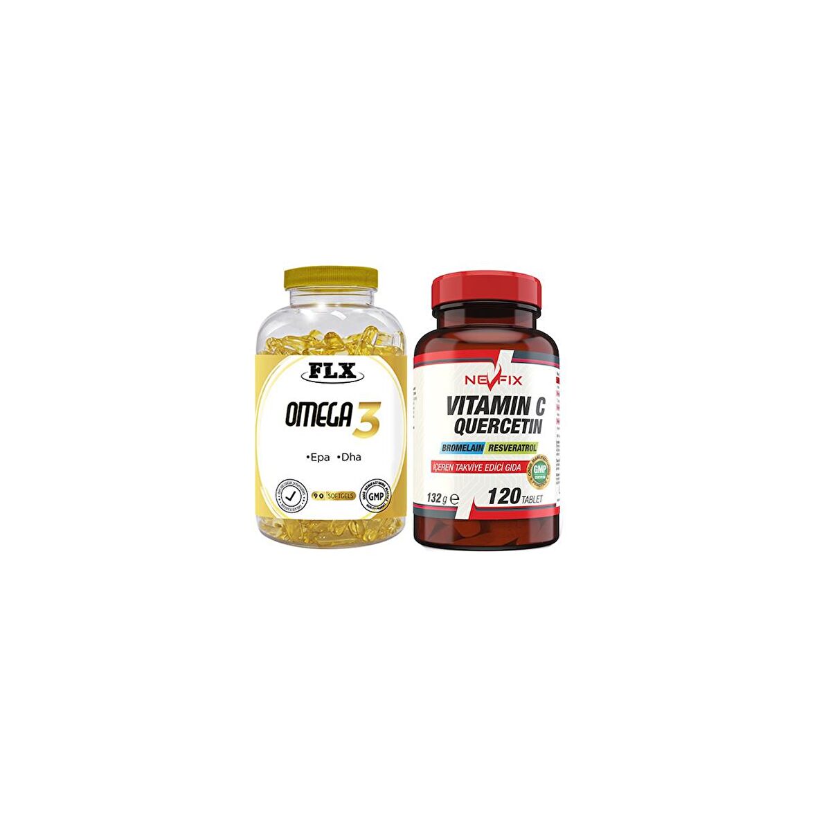 Flx Omega 3 Balık Yağı 90 Softgel  Nevfix Vitamin C Quercetin Bromelain 120 Tablet
