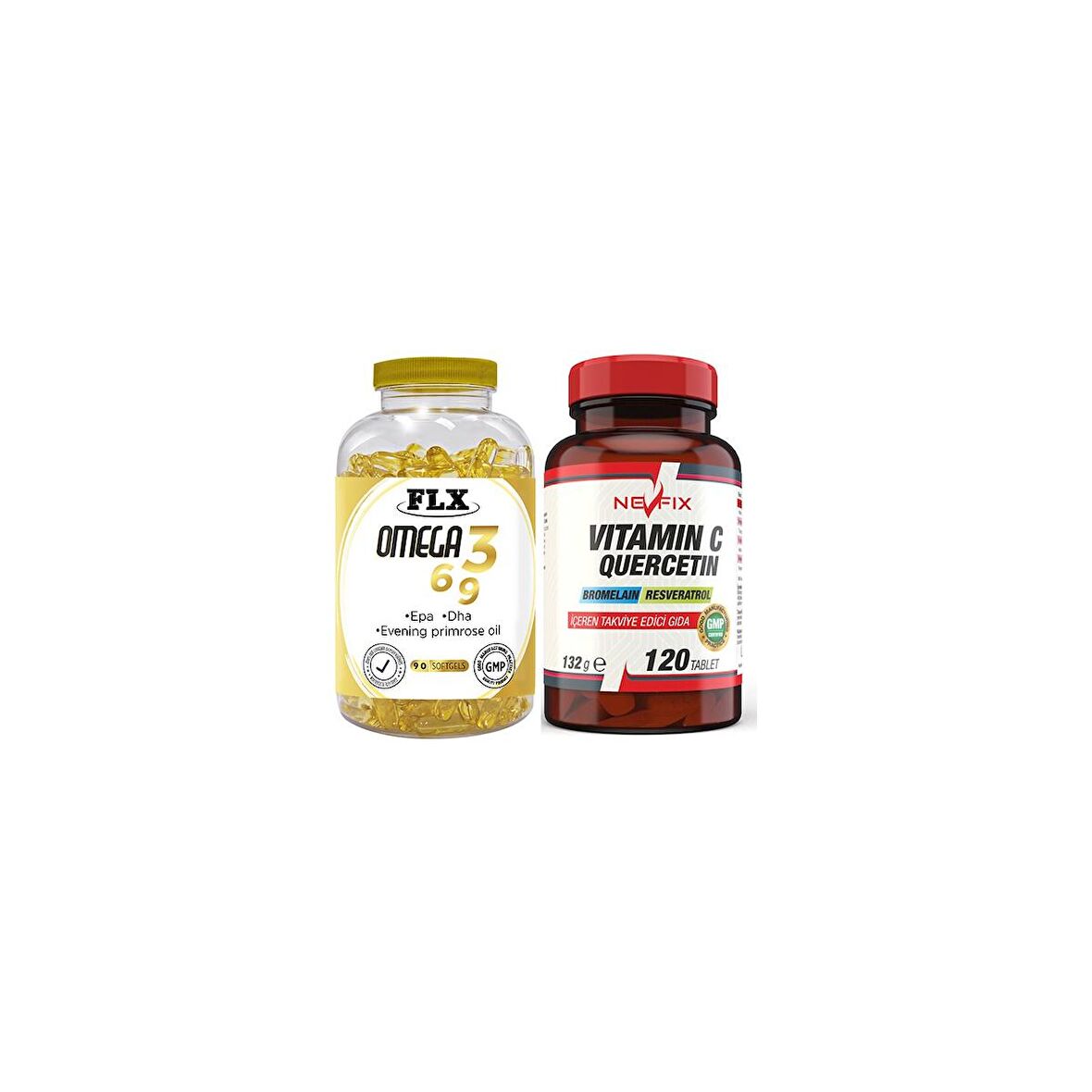 Flx Omega 3-6-9 Balık Yağı 180 Softgel  Nevfix Vitamin C Quercetin Bromelain 120 Tablet