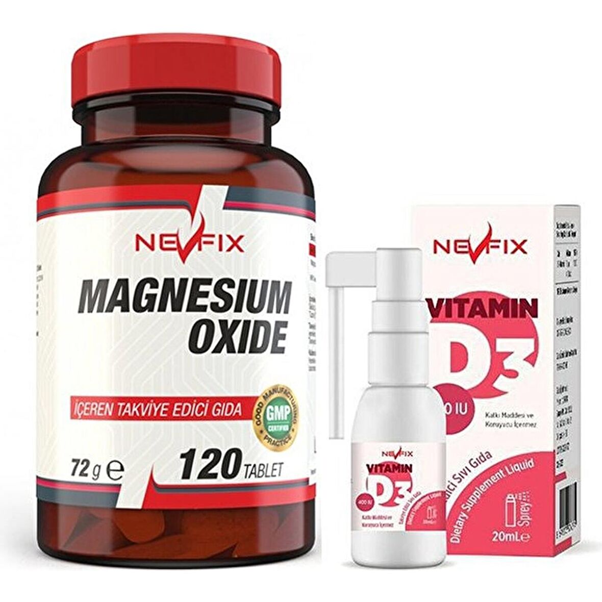 Nevfix Magnesium Oxide Magnezyum 250 Mg 120 Tablet + Nevfix Vitamin D3 400 Iu 20 ml Sprey