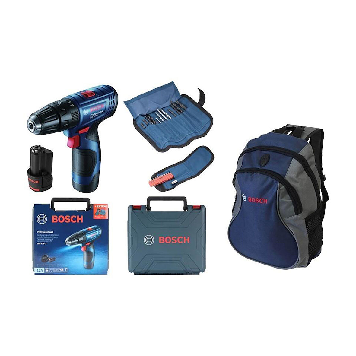 Bosch Professional Gsb 120-LI 2X2AH Akülü Darbeli Delme/vidalama + 23 Parça Set ve Mavi Sırt Çantası