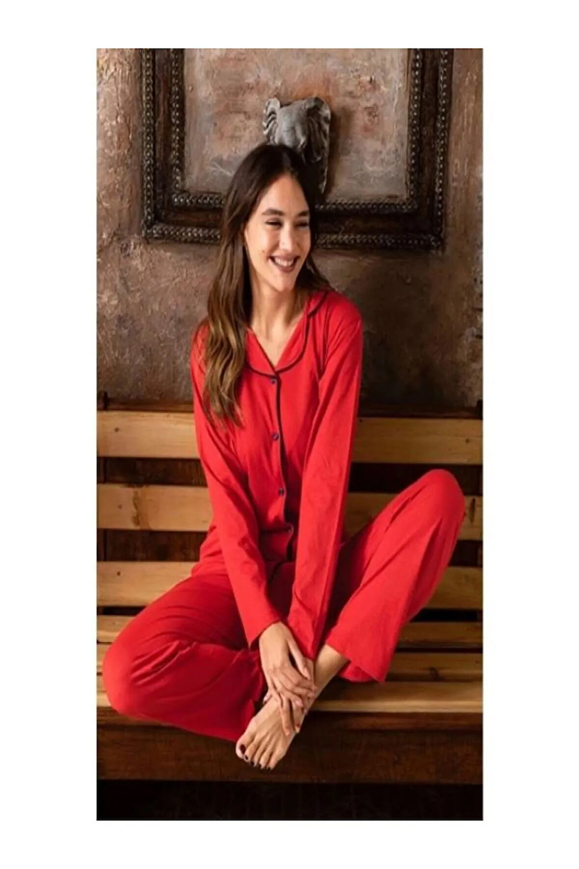 Gömlek Model Uzun Kollu Kırmızı Kadın Pijama Takımı