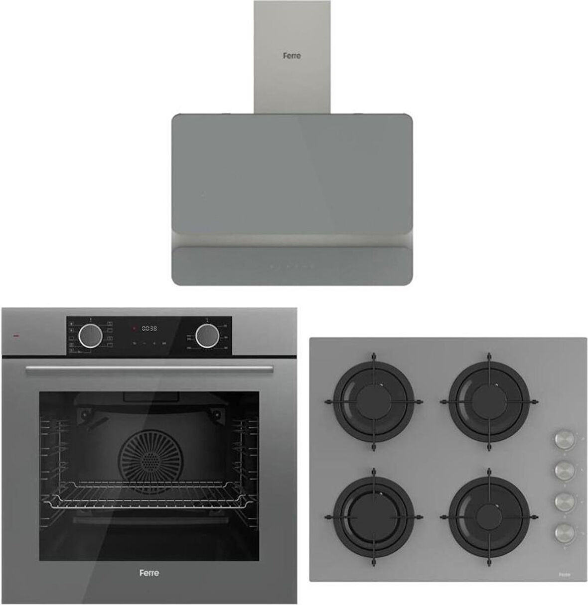 Ferre Fryart Gri Set (D082 Gri Davlumbaz -CS208 Gri Ocak- XE63CPR Fryart Gri Fırın)