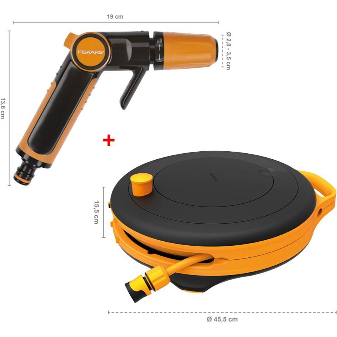 Fiskars Sulama Tabancası + Hortum Makara Seti S 3/8" Siyah 9 mm 15 m