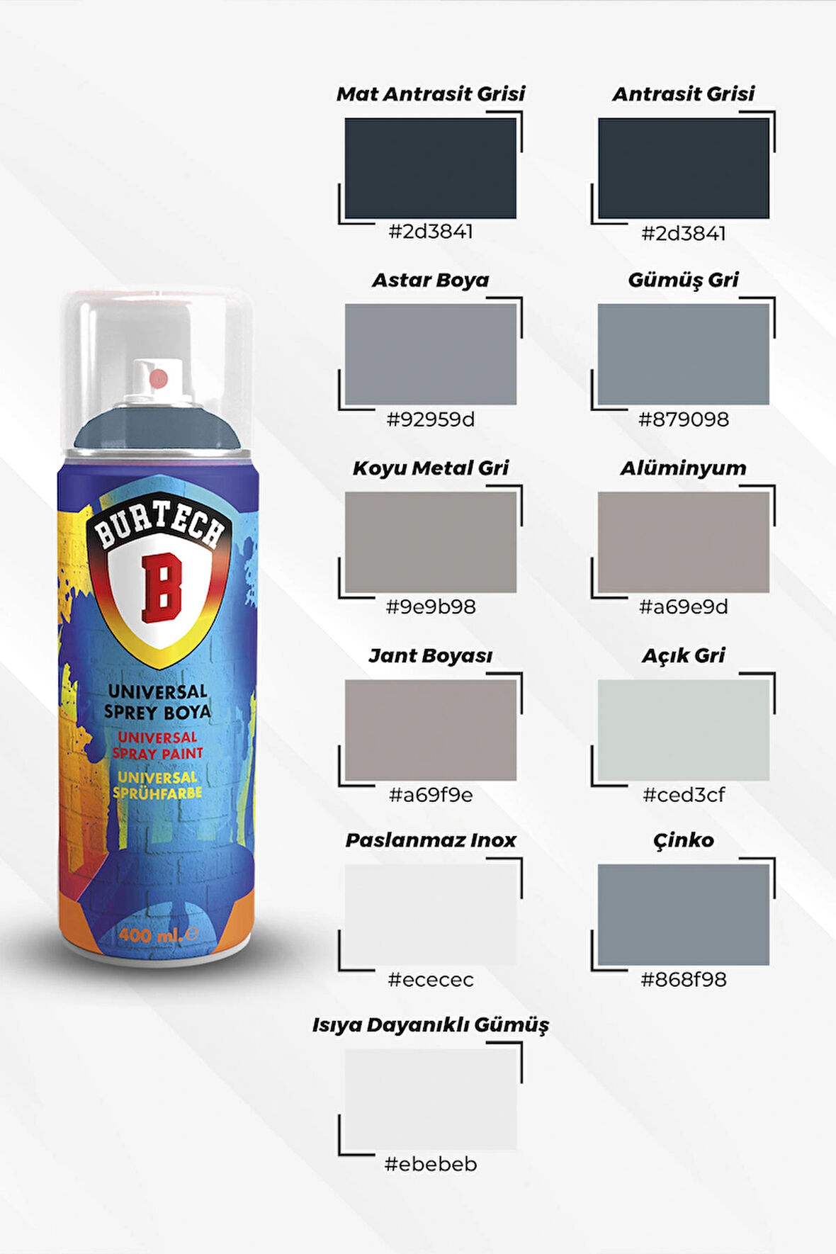 BURTECH ÜNİVERSAL 400 ML ALÜMİNYUM BEYAZ SPREY BOYA 9006