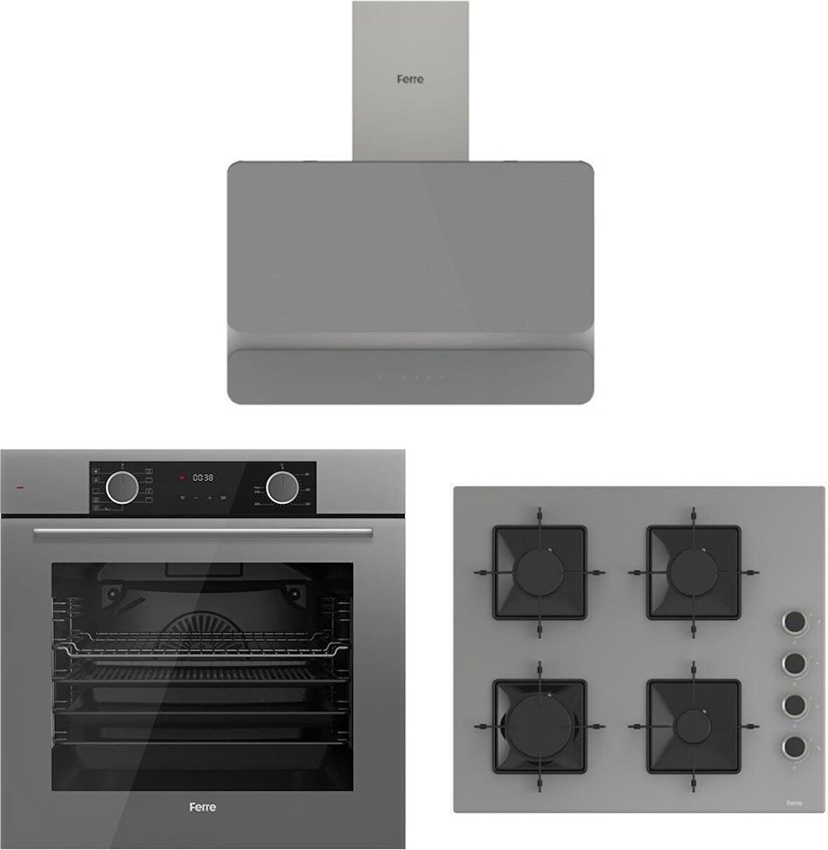 Ferre Fryart Gri Set (D082 Gri Davlumbaz -SS208 Gri Ocak- XE63CPR Fryart Gri Fırın)