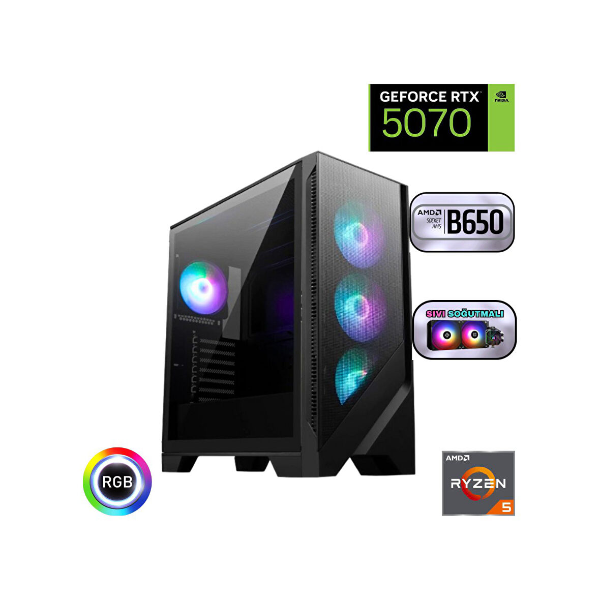 Güneysu Ryzen 5 7500F 16GB Ddr5 1tb SSD Rtx 5070 12GB B650 Anakart 240MM Sıvı Soğutma Masaüstü Bilgisayarı