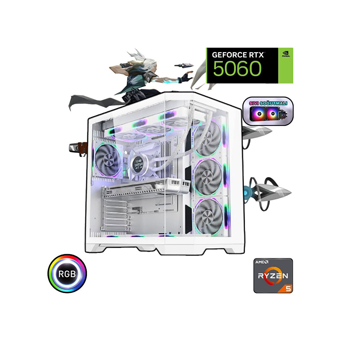 Ryzen 5 5600 32GB Ddr5 1tb SSD Rtx 5060  240MM Sıvı Soğutma Beyaz Oyuncu Bilgisayarı