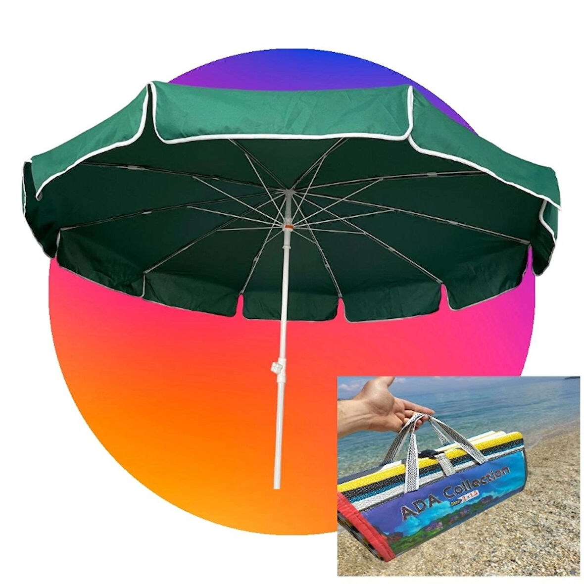 Zey Camping 200 cm Plaj Balkon Bahçe Teras Deniz Şemşiyesi + Taşıma Çantası + 2x1.5 Metre Hasır