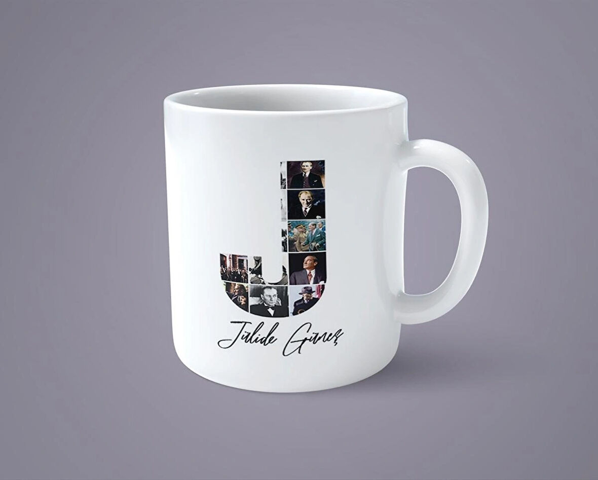 Öğretmenler gününe özel Atatürk resimli J baş harfli İsimli Baskılı kupa bardak