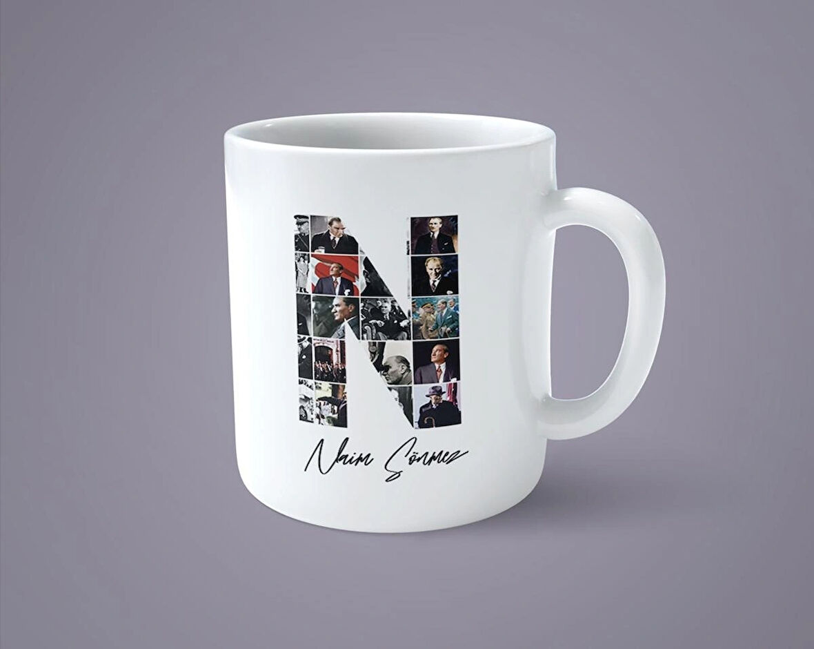 Öğretmenler gününe özel Atatürk resimli N baş harfli İsimli Baskılı kupa bardak