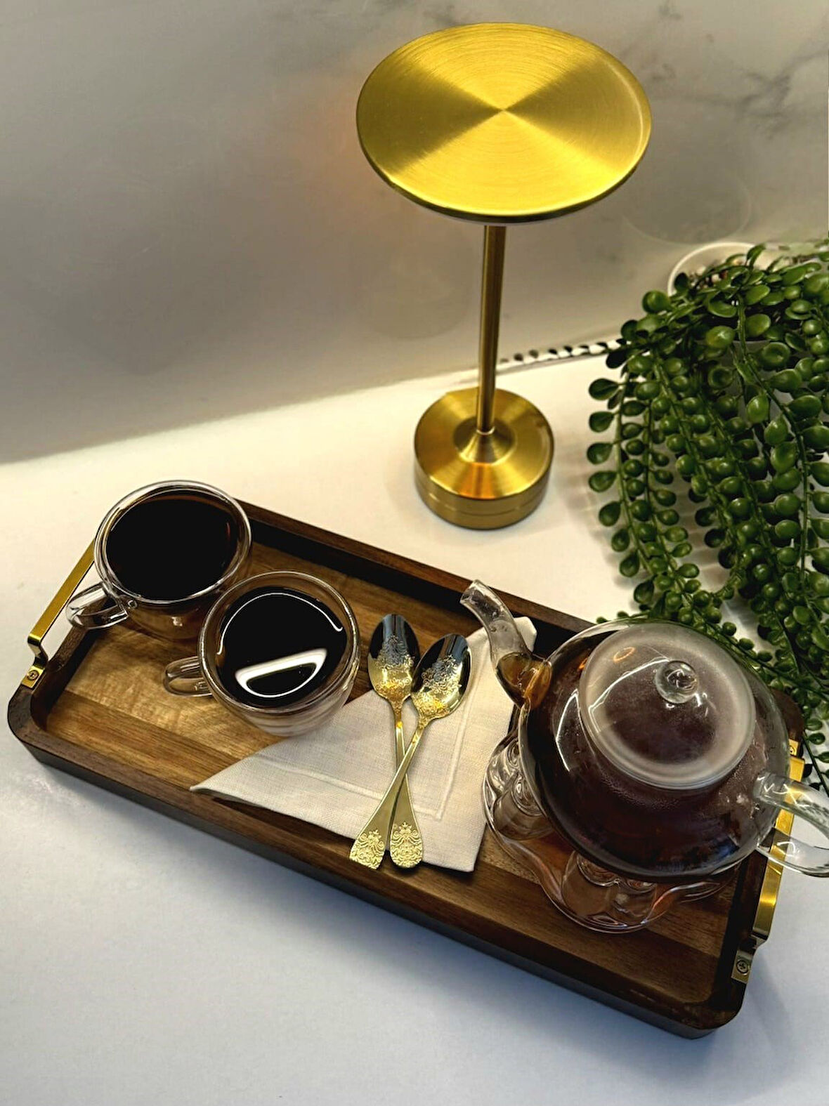 HBS Art Design AKASYA Gold Kulplu Lüks Ahşap Tepsi