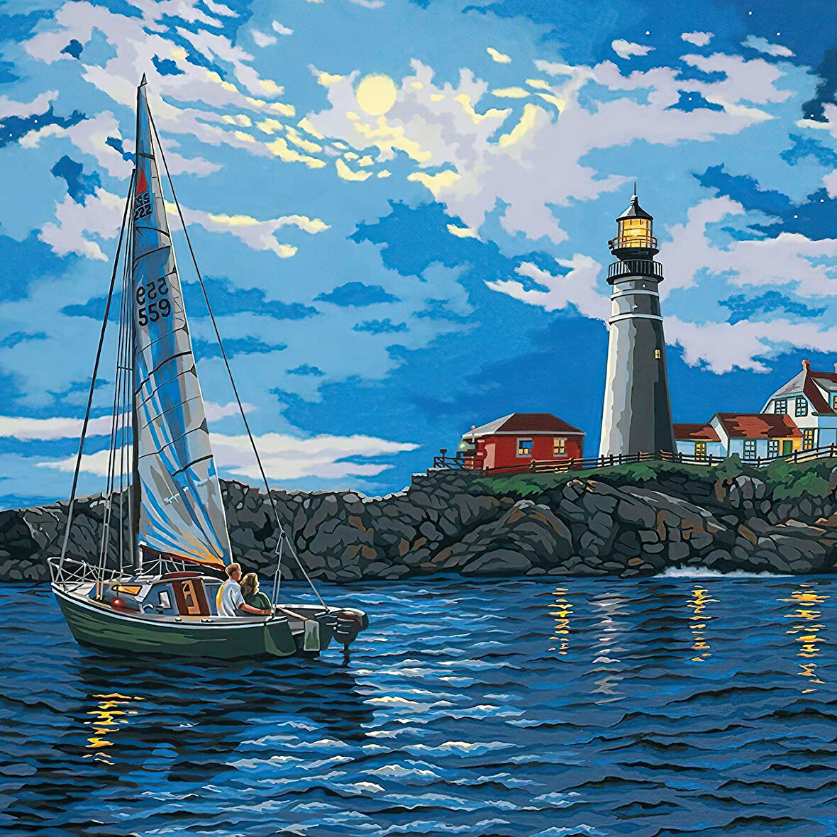 Deniz Feneri ve Yelkenli Çerçevesiz 90x110 Sayılarla Boyama Hobi Seti