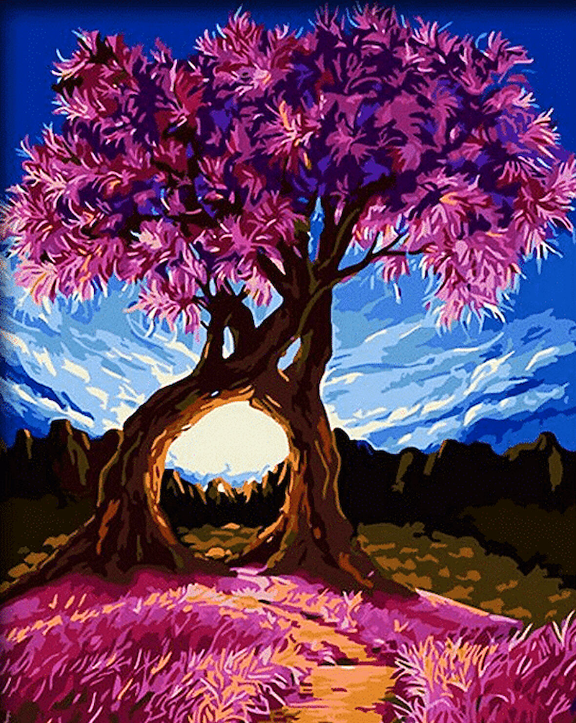 Pembe Dilek Ağacı ve Manzara Çerçevesiz 90x110 Sayılarla Boyama Hobi Seti