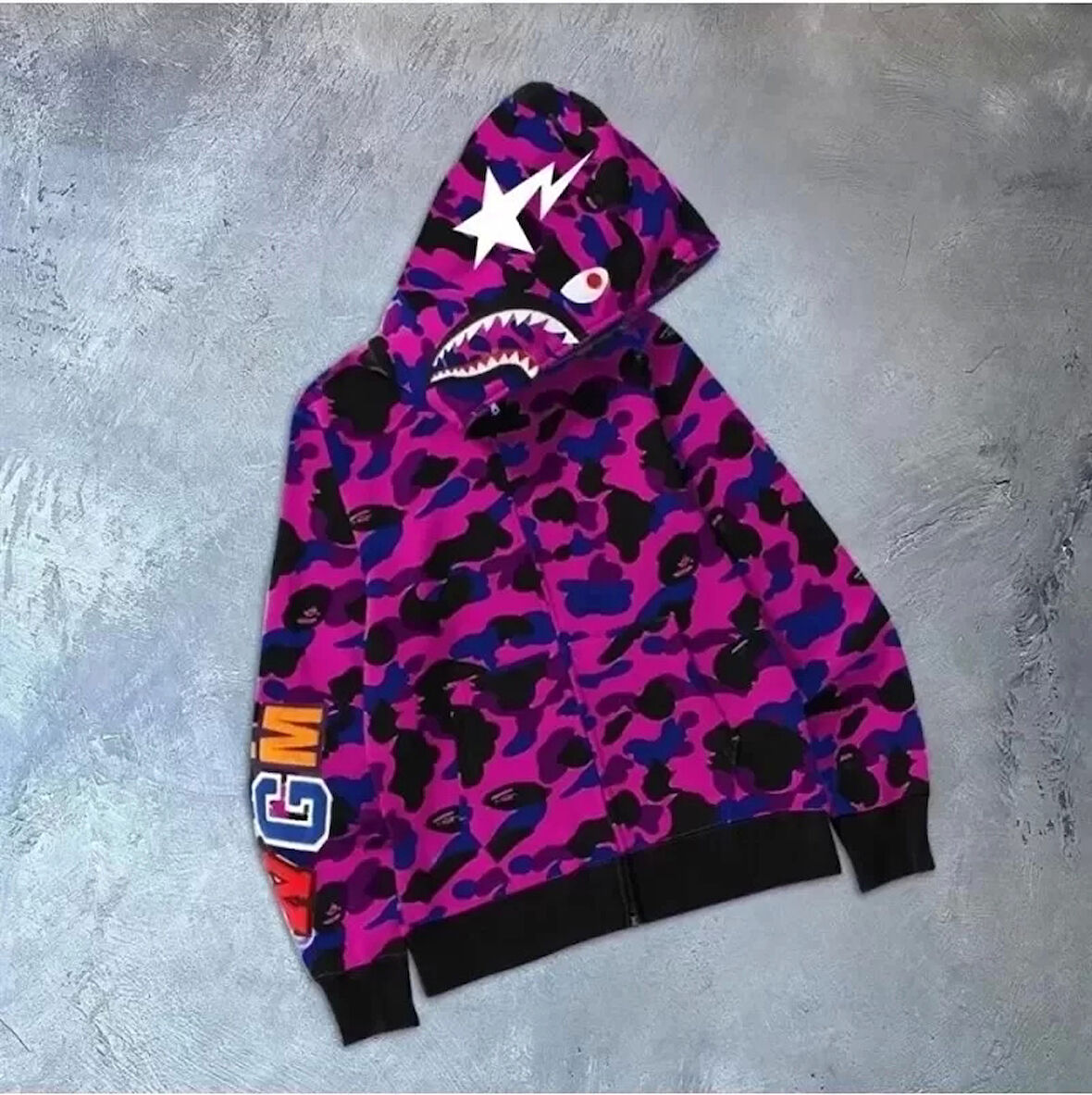 Unisex 2 İplik Bape Kapüşonu Fermuarlı Hırka - Mor