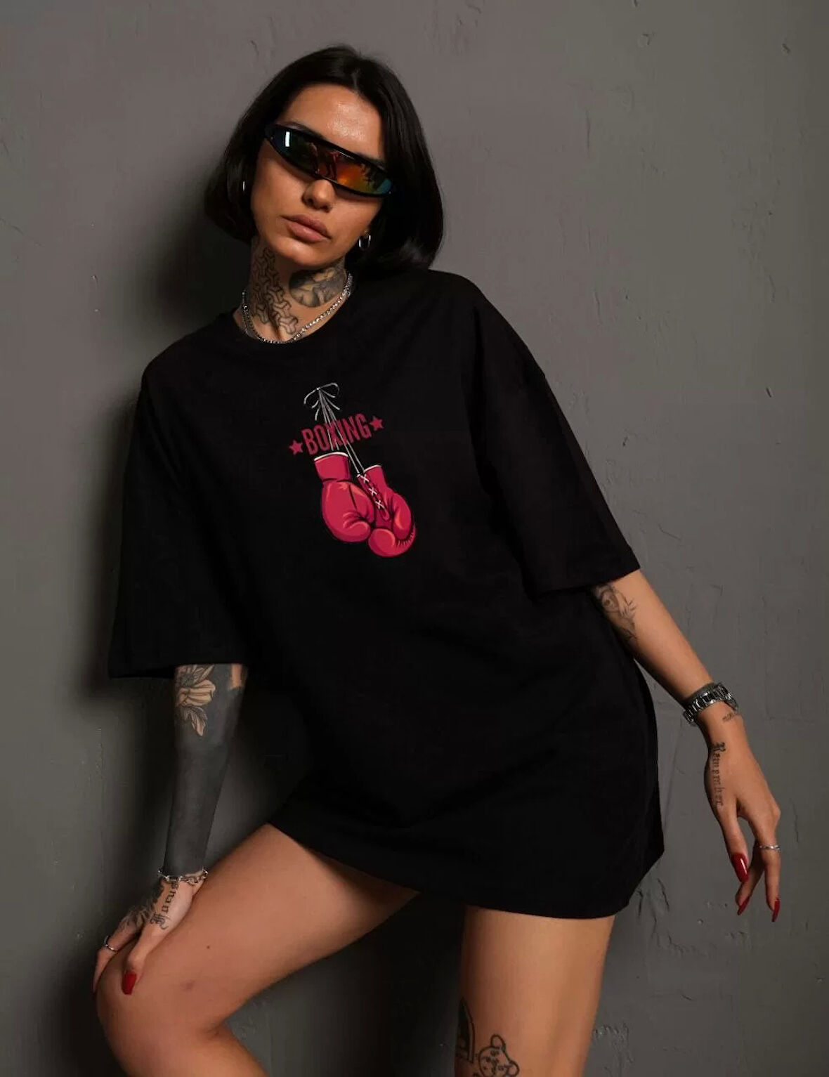 Unisex Bisiklet Yaka Baskılı Oversize T-Shirt - Siyah