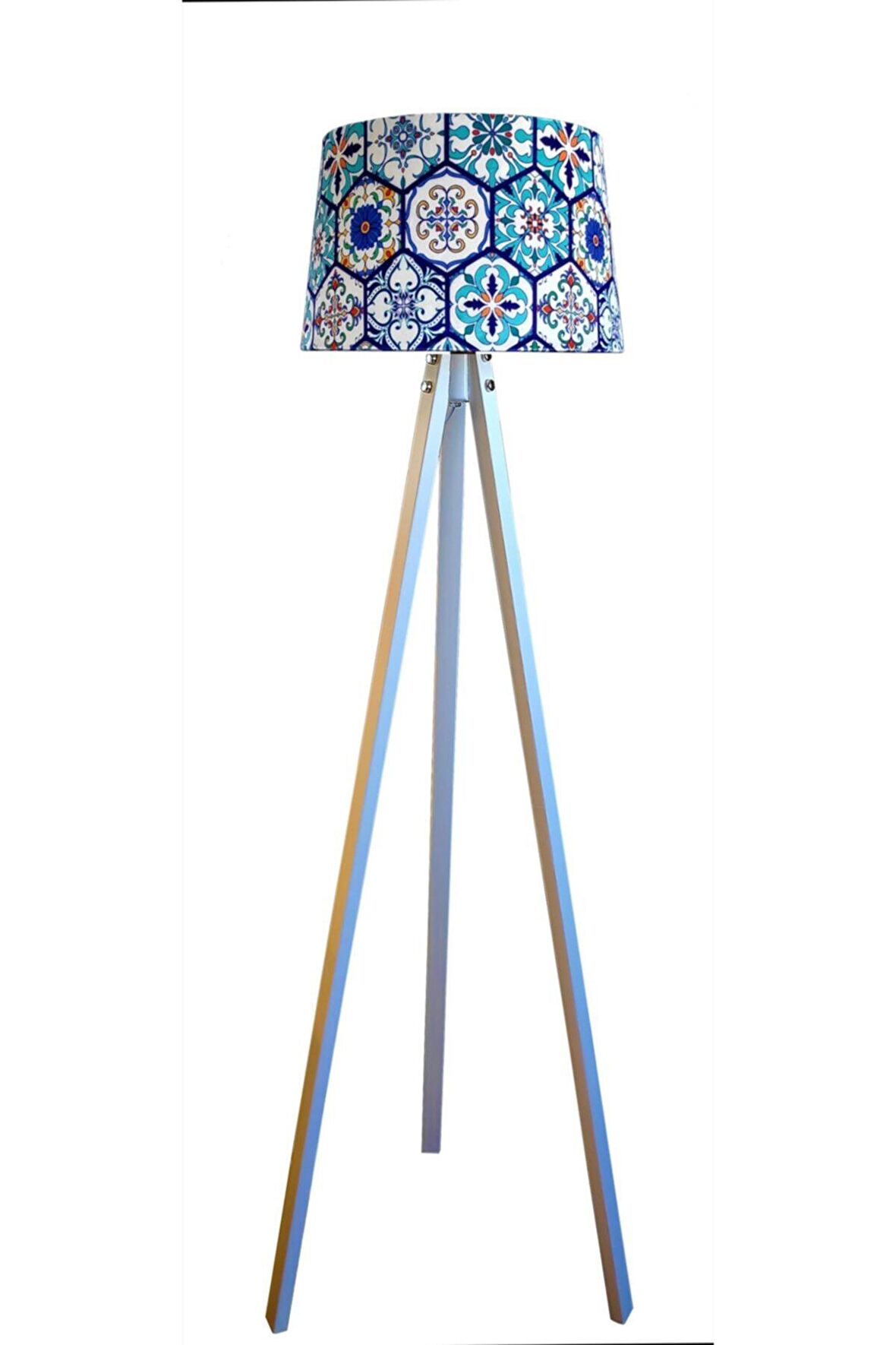 Masif 3 Ayaklı Lambader Tripod ( Çini Desen- Beyaz Ayak)