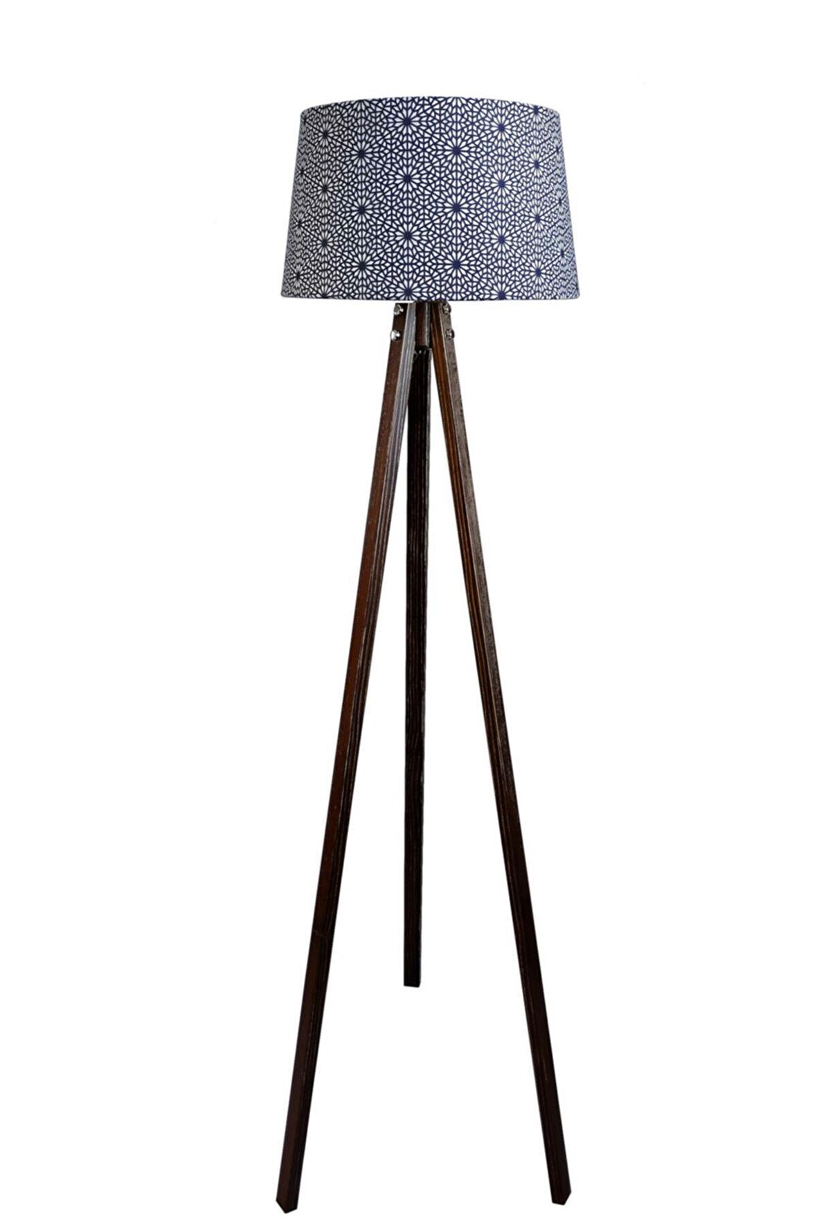 Masif 3 Ayaklı Lambader Tripod ( Mandala Çiçek Desen- Koyu Ceviz)