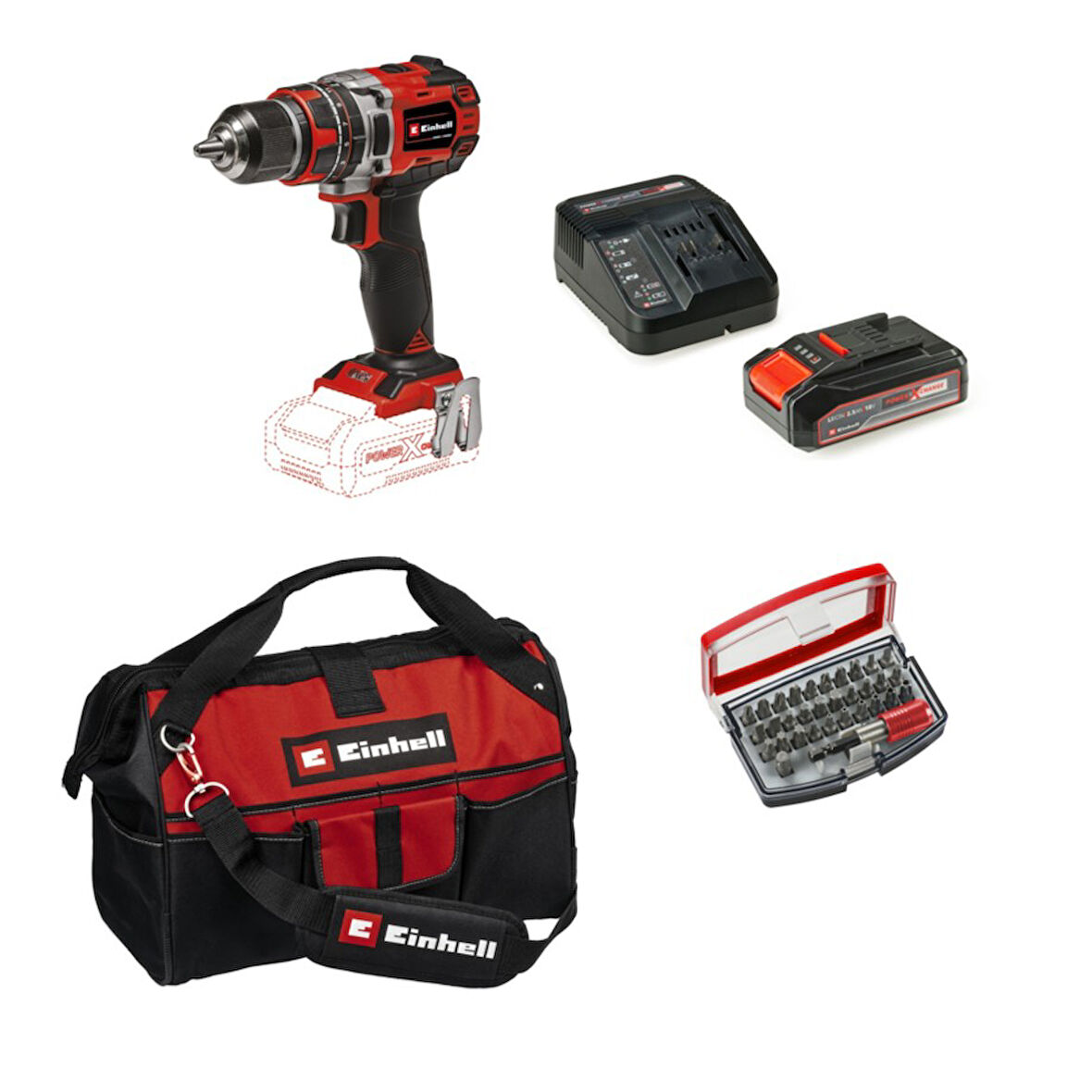 Einhell Tp-Cd 18/50 Li-I Bl Solo Darbeli Akülü Vidalama + 1 x 2.5 Ah Akü ve 32 Parça Bits Uç Seti (45/29 Kumaş Çanta)