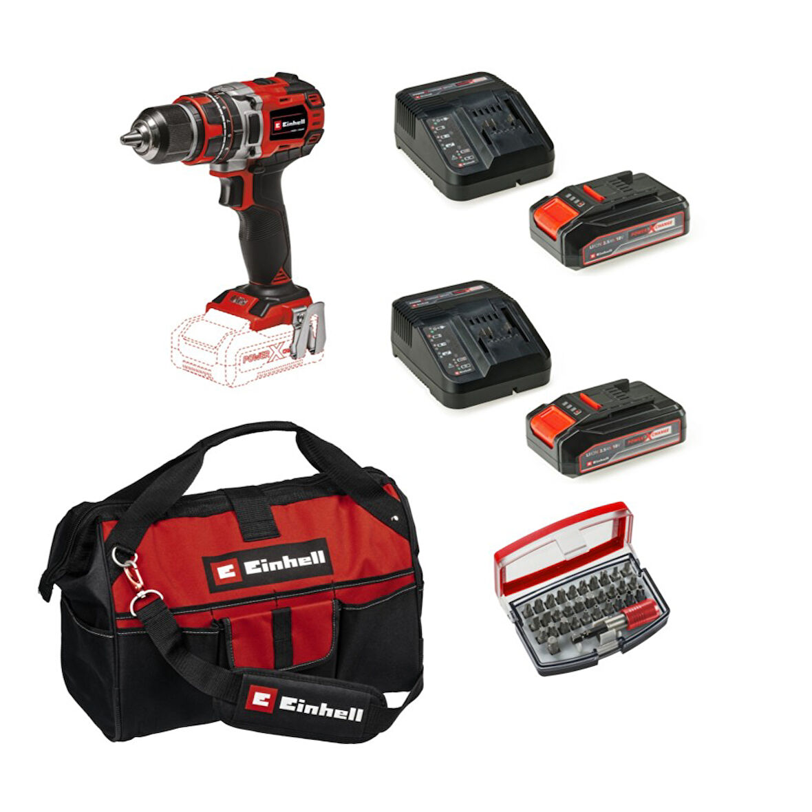 Einhell Tp-Cd 18/50 Li-I Bl Solo Darbeli Akülü Vidalama + 2 x 2.5 Ah Akü ve 32 Parça Bits Uç Seti (45/29 Kumaş Çanta) HBCV0000985D4T