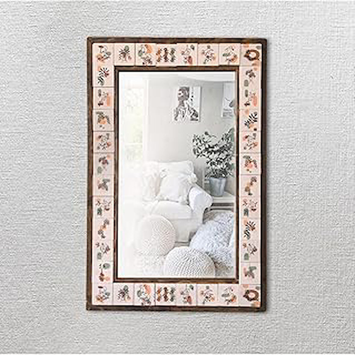 Pinecone Bohem Taş Duvar Aynası, Ahşap Çerçeveli Dekoratif Ayna, Salon Konsol Boy Aynası Wall Mirror 43 x 63 cm MRR4-23