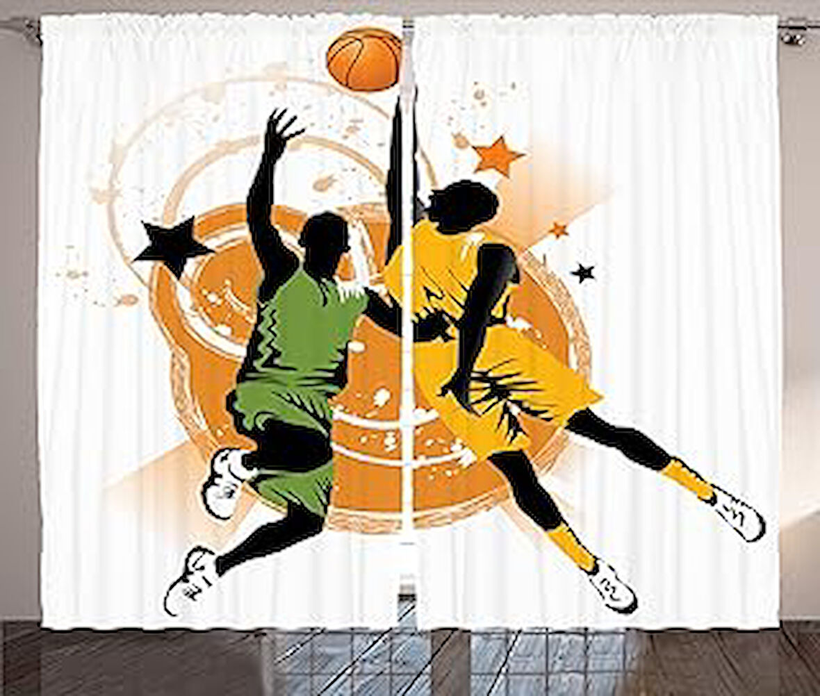 Orange Venue Çift Kanatlı Fon Perde, Çocuklar Için, Kumaş, Basketbolcu Desenli, 145 X 270 cm