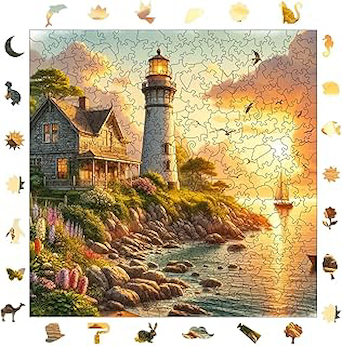 Pinecone - Ahşap Puzzle Yetişkinler için - Deniz Fenerinde Gün Batımı Benzersiz Parçalı Puzzle - 353 Parça Ahşap Yapboz - Yapıştırıcı Folyo Dahil - Dekoratif Ahşap Puzzle - 29x29 cm - S1-29