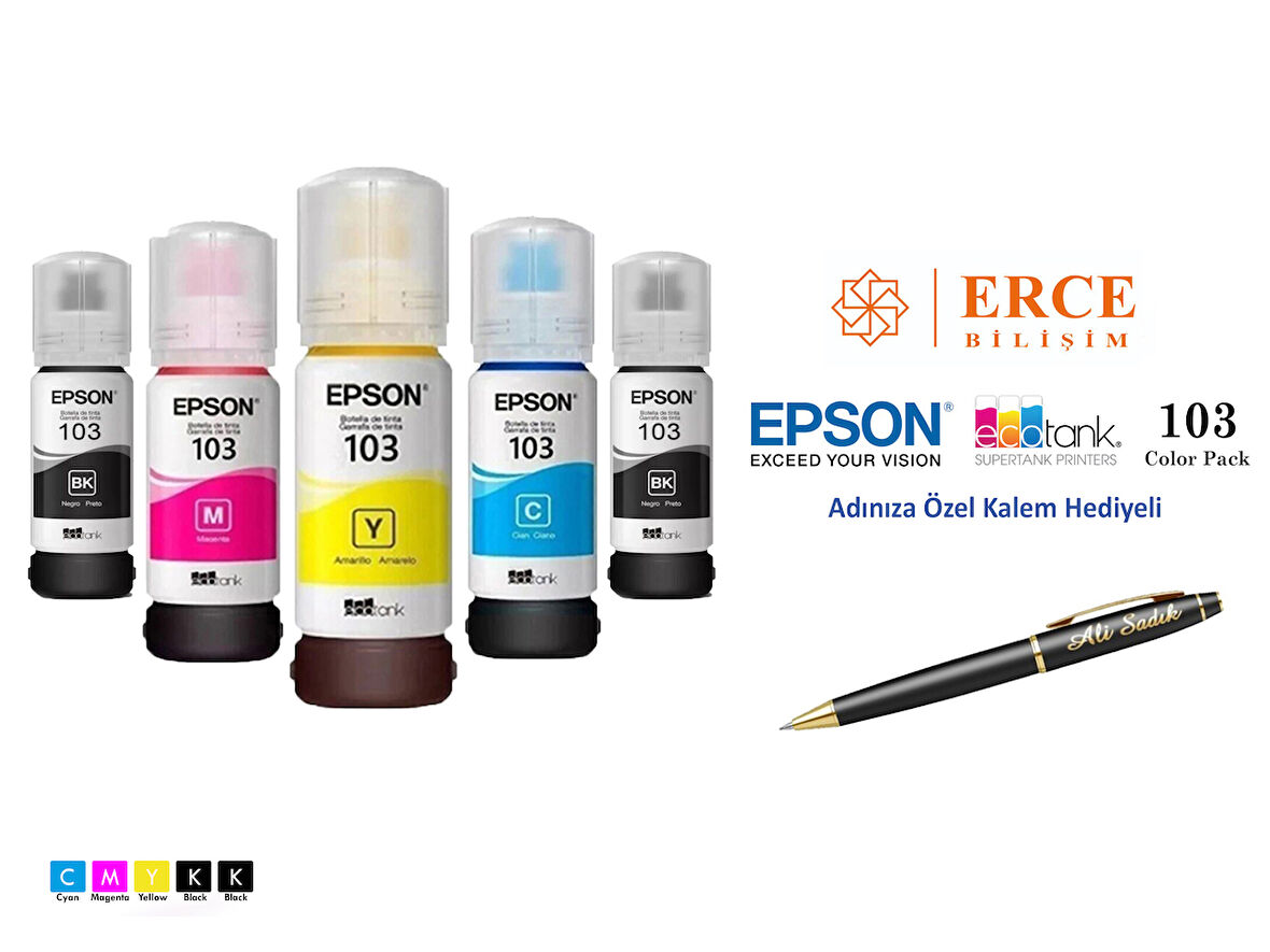 Epson 103 (CMYK+BK) 5 Renk Kartuş, Epson EcoTank L5296 Uyumlu Kalem Hediyeli Mürekkep Seti