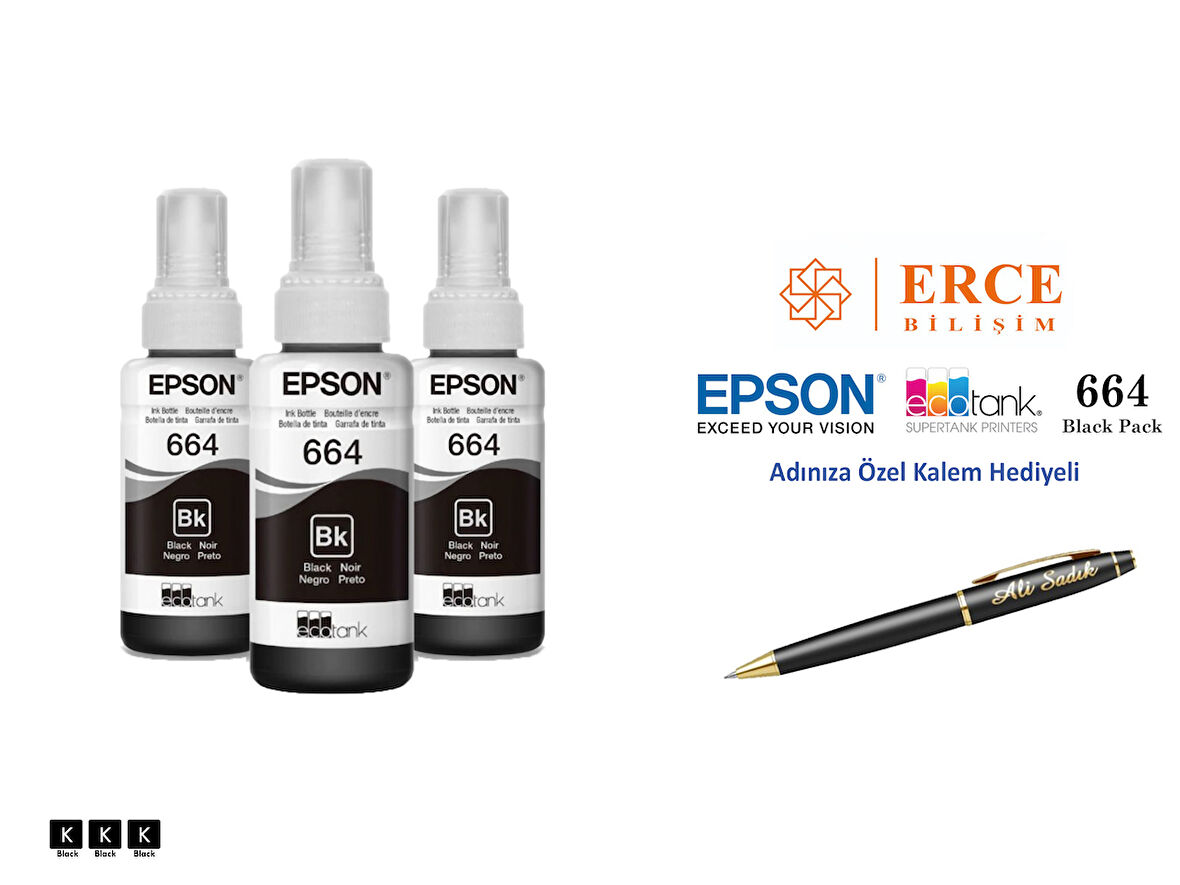 Epson 6641 (BK) 3'Lü Siyah, Epson EcoTank L220 Uyumlu Kalem Hediyeli 3 Siyah Mürekkep Seti