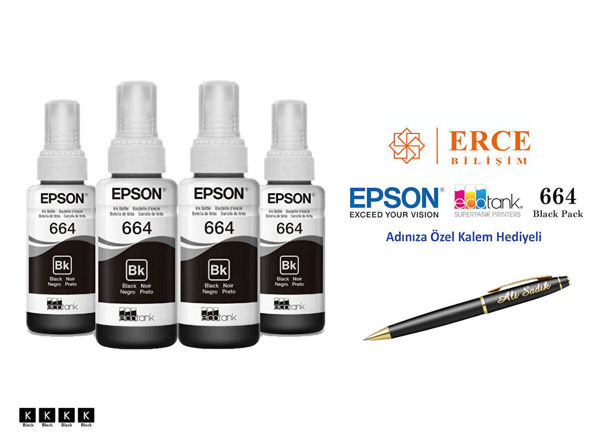 Epson 6641 (BK) 4'Lü Siyah, Epson EcoTank L300 Uyumlu Kalem Hediyeli 4 Siyah Mürekkep Seti