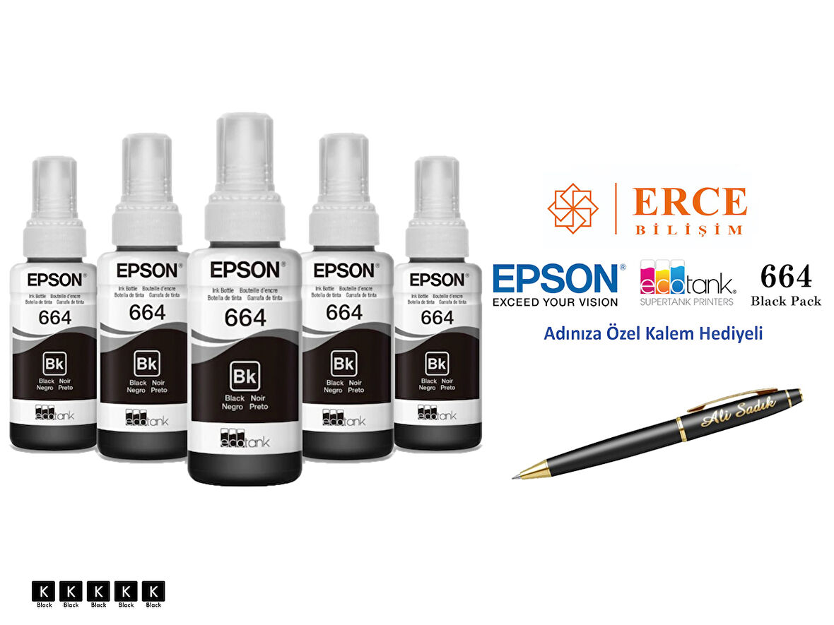 Epson 6641 (BK) 5'Li Siyah, Epson EcoTank L310 Uyumlu Kalem Hediyeli 5 Siyah Mürekkep Seti