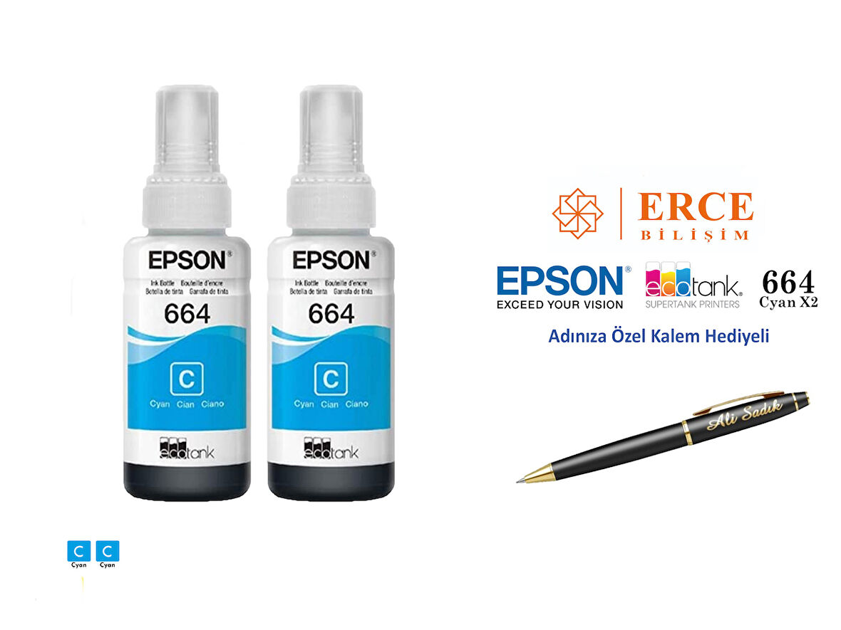 Epson 6642 (CYAN) 2'Li Mavi, Epson EcoTank L210 Uyumlu Kalem Hediyeli 2 Mavi Mürekkep Seti