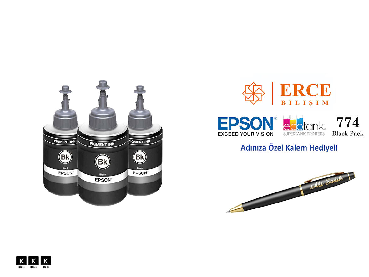 Epson 7741 (BK) 3'Lü Siyah, Epson WorkForce M105 Uyumlu Kalem Hediyeli 3 Siyah Mürekkep Seti