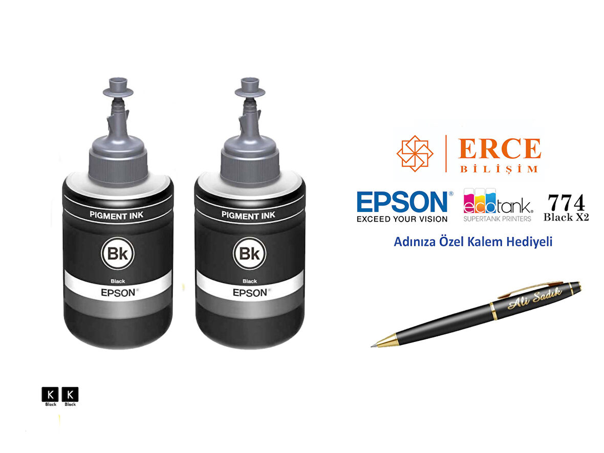 Epson 7741 (BK) 2'Lİ Siyah, Epson WorkForce M105 Uyumlu Kalem Hediyeli 2 Siyah Mürekkep Seti